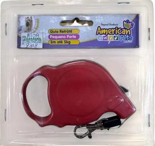 Guia retrátil pequeno porte 3m até 5 kg 