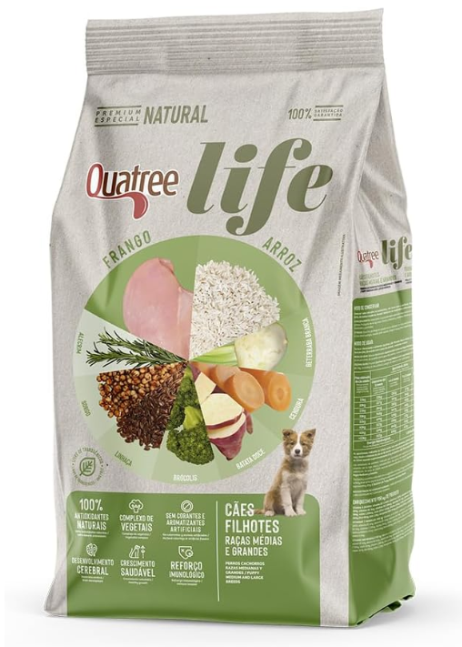  Quatree life ração cães filhotes raças médias e grandes frango e arroz 15kg