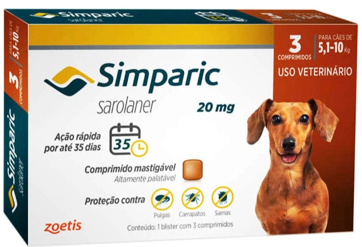  Simparic 20 mg 5,1 a 10 kg caixa c/ 3 unidades 