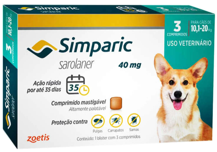Simparic 40 mg 10 a 20 kg caixa c/ 3 unidades 