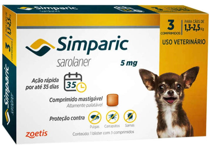 Simparic 5 mg 1,3 a 2,5 kg caixa c/ 3 unidades 